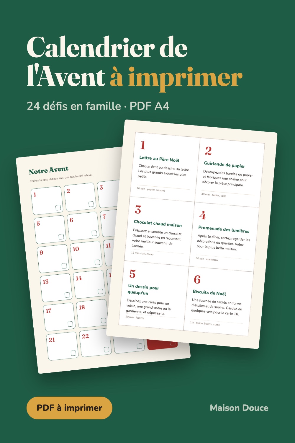 Calendrier de l'Avent à imprimer : 24 défis en famille