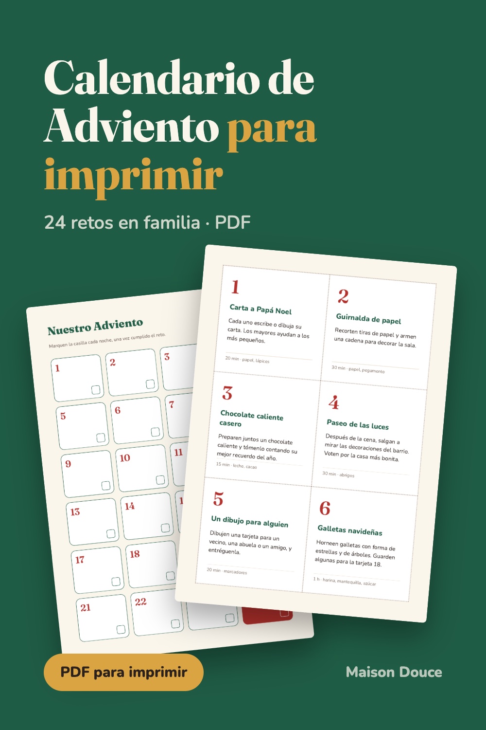 Calendario de Adviento para imprimir: 24 retos en familia